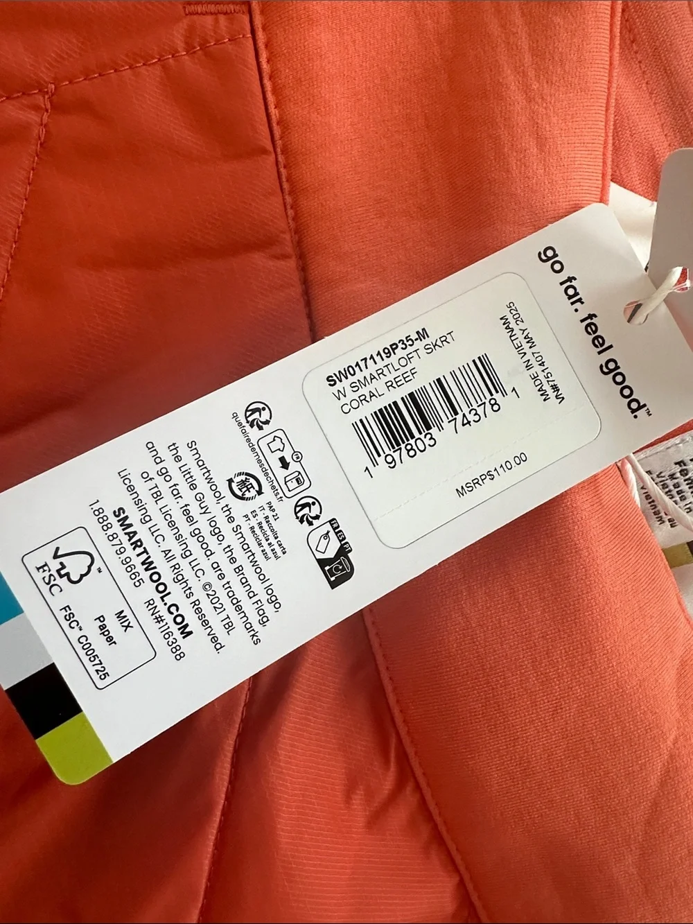 NWT Smartwool W Smartloft Skirt Coral Reef Orange Quilted Active